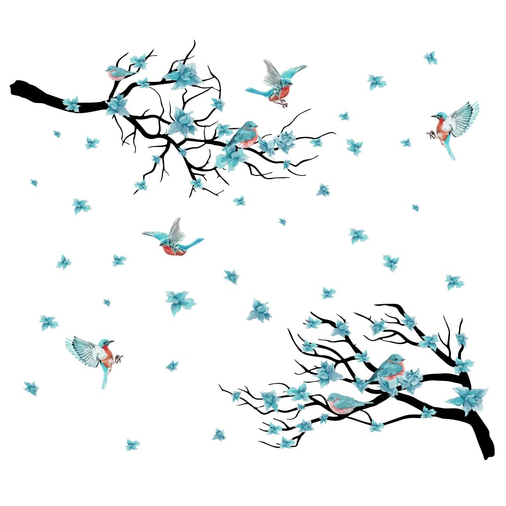 SUPERDANTBlue Flower Branches Wall Decals BFlying Birds Wall Art Ink Painting Style Wall Art Stickers Modern Wall Art for Living Room Bedroom Office Study Room Wall Decorations