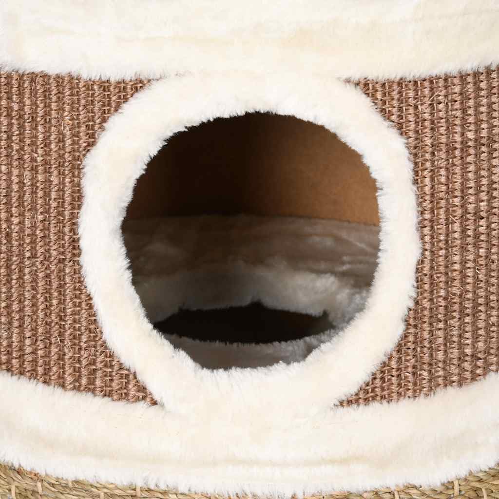 Kratztonne für Katzen, 60 cm, Fass mit Decke Seegras und 3 Öffnungen, geräumiger Platz für große Rassen, Versteck und Kratzbrett aus weichem Plüsch