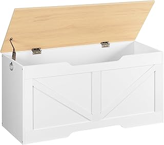 HOOBRO Boîte Rangement, Coffre Rangement Jouets Vintage avec Ouverture Forme de U, Banc Rangement, Charnière Sécurité, Coffre à Jouets Bois Robuste, Facile Assembler, Blanc, Couleur Bois EWN771CW01