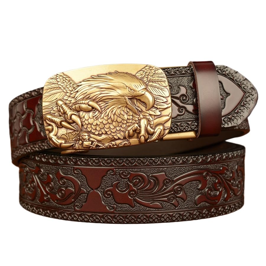 Men's Eagle Buckle Leather Belt - Genuine Cowhide Automatic Clasp Belt for Jeans & Casual Wear (Black/Brown, 4 Color Options)