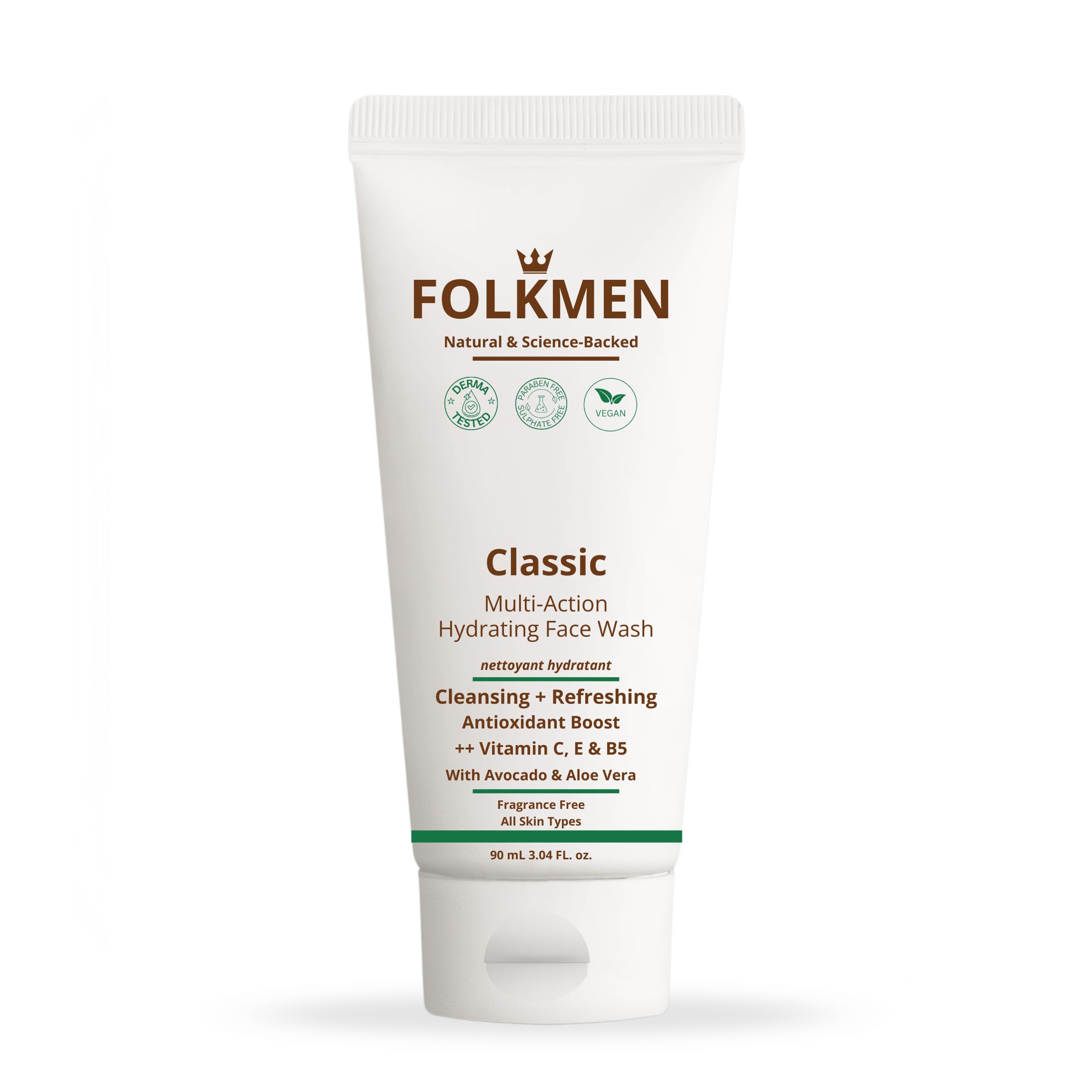 Classic Hydrating Daily Facewash For Men | Brightening and Anti-Pollution | Vitamin C, E & B5 | Avocado & Glycerin | 100% Vegan & Fragrance Free|Gentle Cleanser| All Skin Type | 90 ml