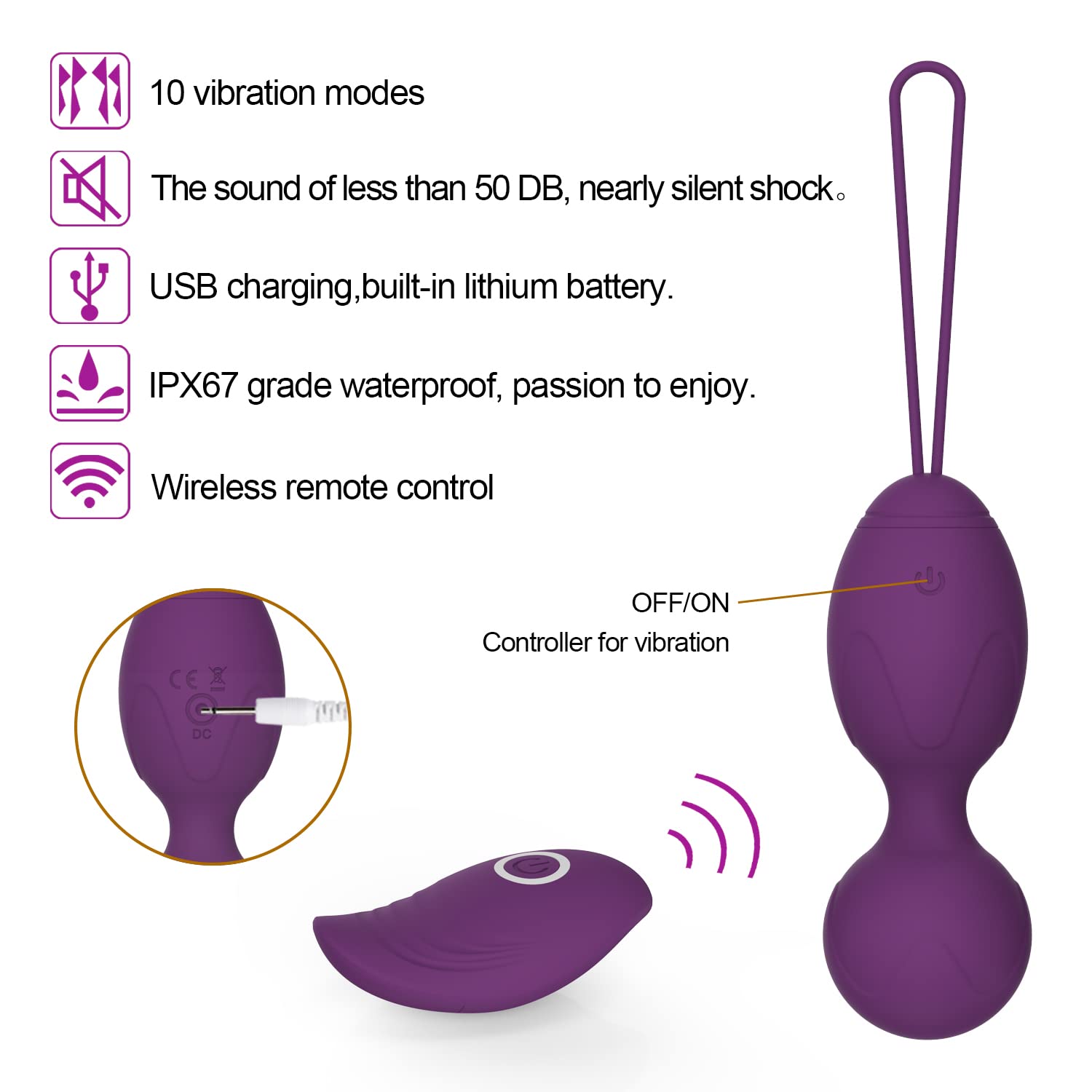 Boules de Geisha - geisha Masseur 2 en 1 Ben Wa pour débutants silicone amélioré Système de Kegel pour plancher pelvien rechargeable Violet