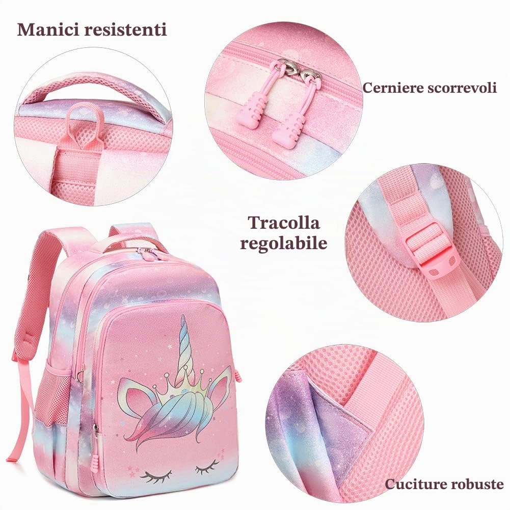 Kimwadalh Zaino Ragazza Zaini per la Scuola Primaria Borsa da Scuola per Ragazza Multicolor Schoolbag Ragazze Sacchetti di scuola Set di 3 Pezzi Zaini Glitterati + Astucci+ Borsa Lunch