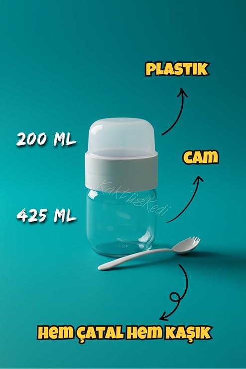Kaşık Çatallı Cam Meyveli Yoğurt Müsli Kabı - Yemek Taşıma Ve Saklama Kabı - Öğün Bardağı 625 ML Beyaz, 7480000717855