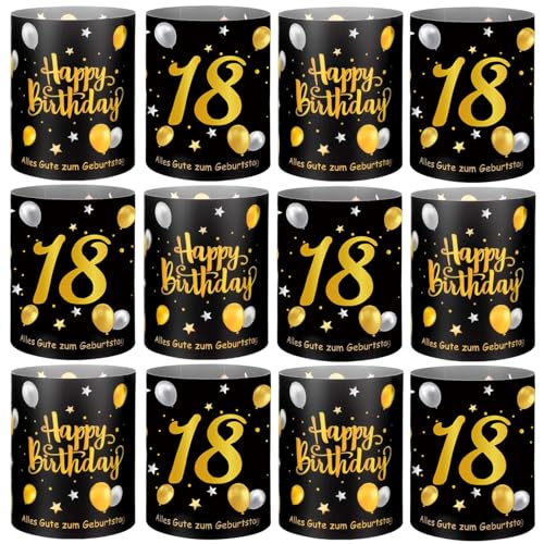 Lot de 12 photophores décoratifs de table pour 60 ans, Happy Birthday, décoration de table ou bougies, noir et doré, pour hommes et femmes (12, 18)
