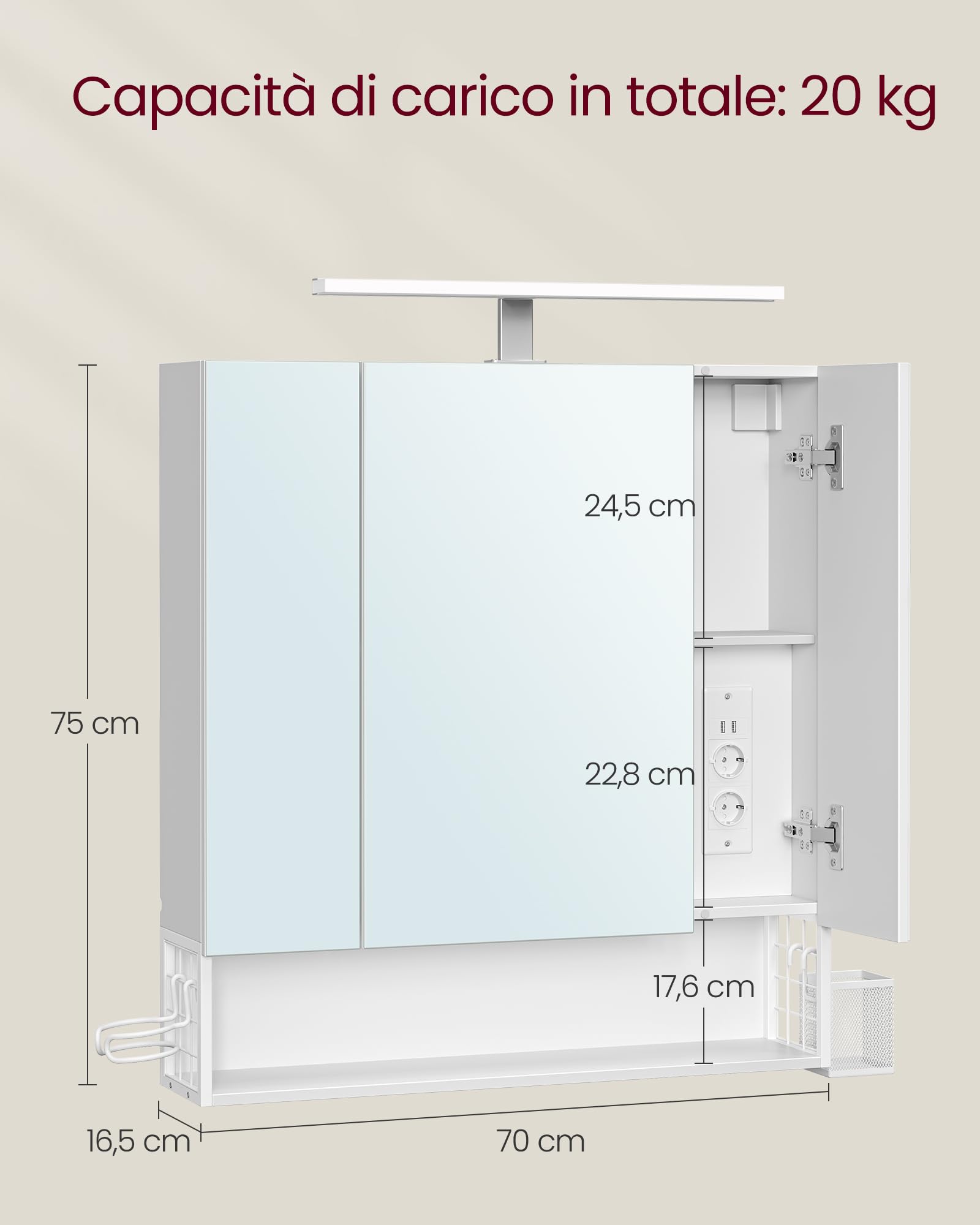 VASAGLE Mobile da Bagno con Illuminazione LED, 16,5 x 70 x 75 cm, Cestino Sospeso, Supporto per Asciugacapelli, per Lavabo, Bianco Nuvola BBK126W01
