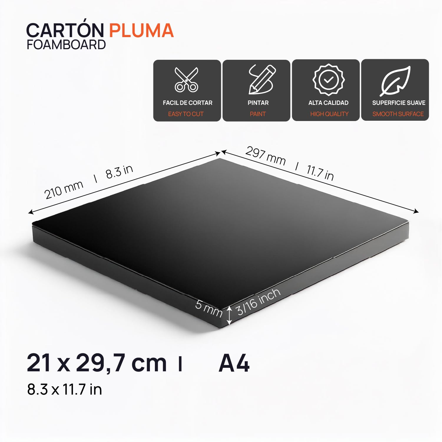OFITURIA Cartón Pluma Negro A4 (21x29.7 cm) Pack 2 ud, Plancha de Poliestireno Expandido Ligero y Rígido, Foamboard Multiusos de Fácil Corte, para Manualidades y Maquetas, 5 mm