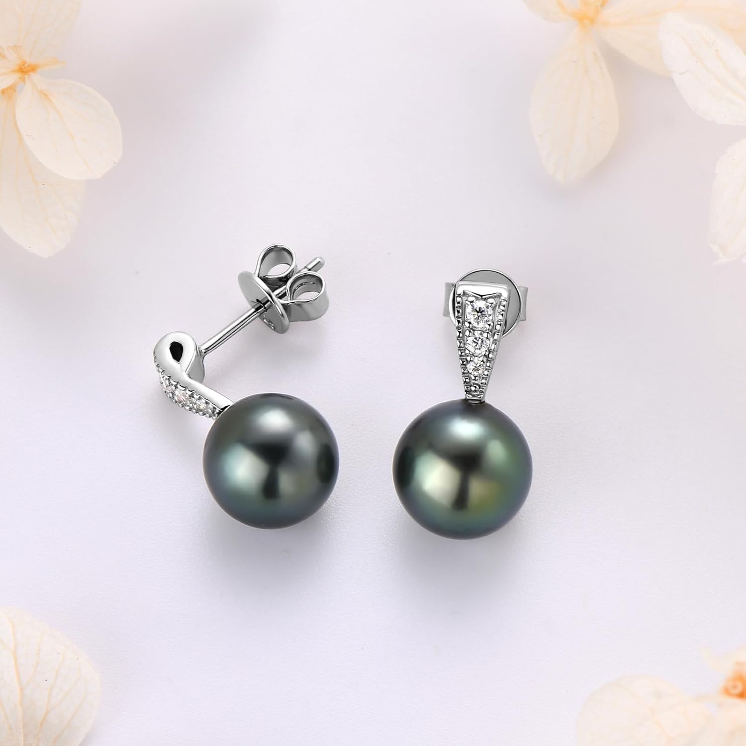 9-10mm Tahitian Black Pearl Stud Earrings, Genuine Black Pearls with Moissanite Sterling Silver Jewelry Gifts for Women - Image 3