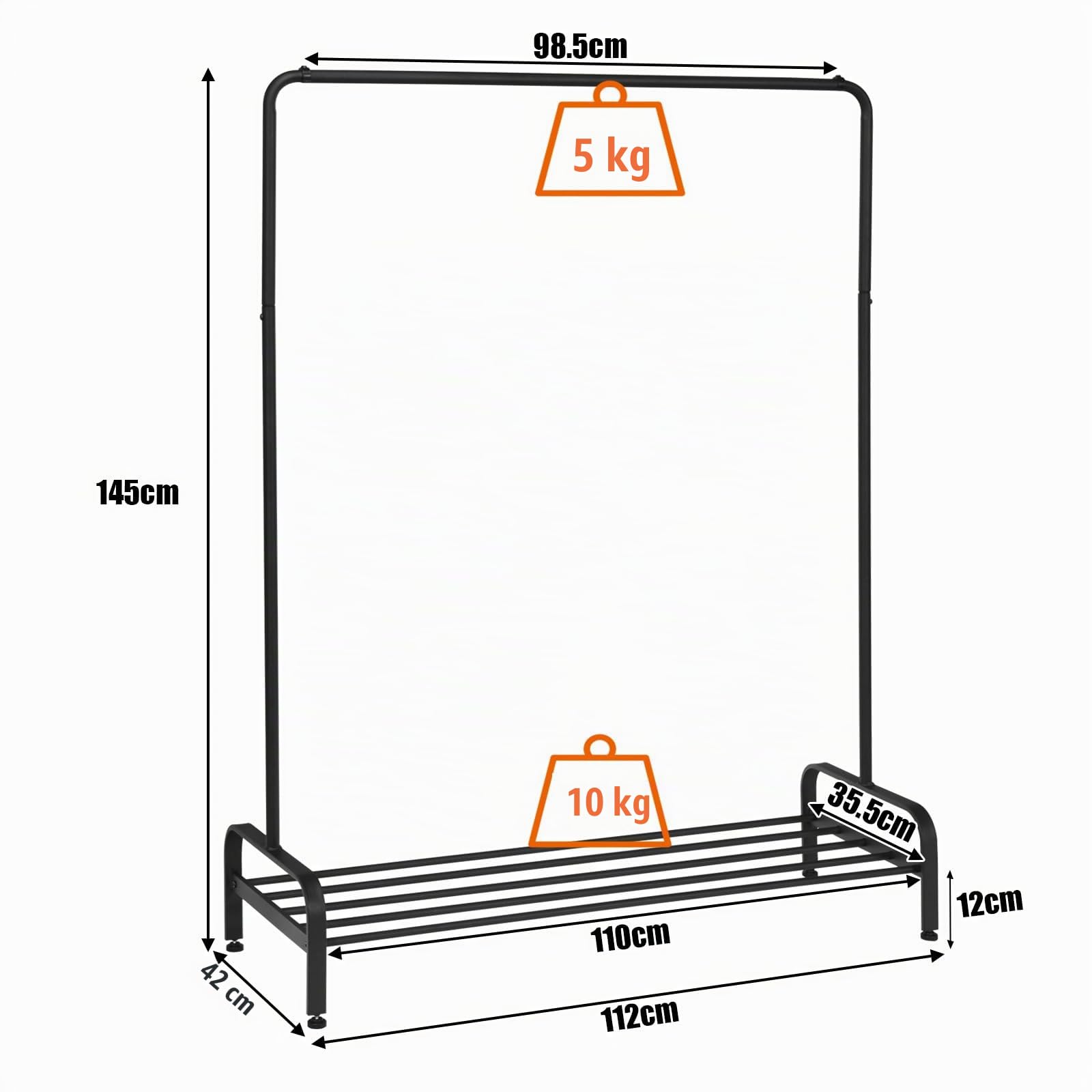 HOMASIS Stand Appendiabiti da Terra, Porta Abiti con Ripiano e 2 Ganci, Scaffale Portaoggetti Multifunzionale, Stender Salvaspazio per Camera da Letto, Negozio di Abbigliamento, 112 x 42 x 145cm, Nero