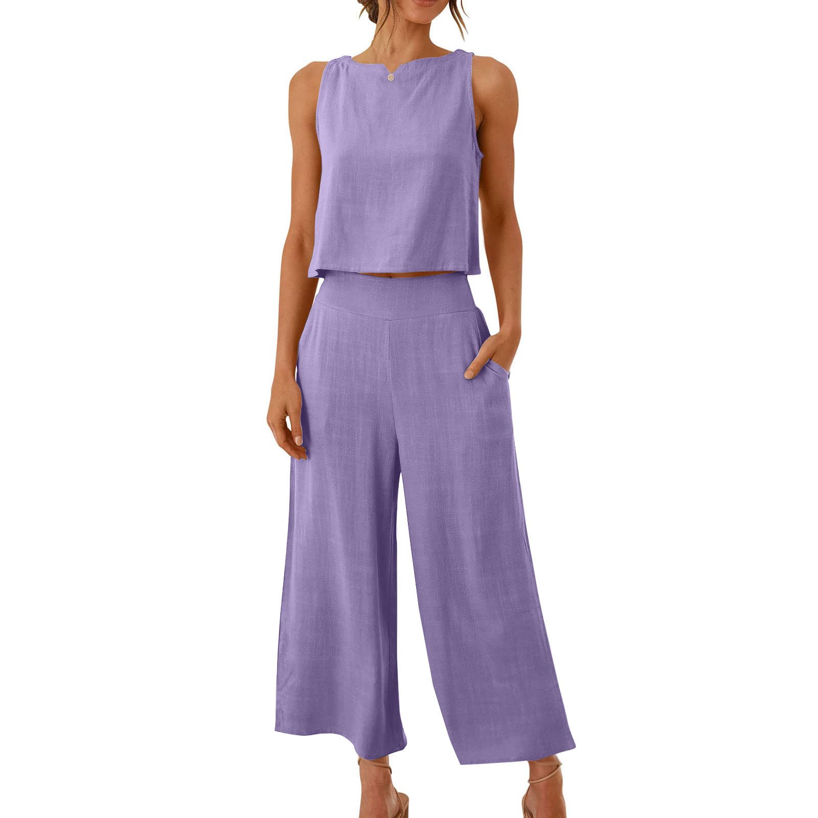 Two Piece Outfits Women's Trouser Suits, Sleeveless Cropped Tank Tops High Waist Wide Leg Trousers for Women UK with Pocket, Summer Casual Linen Sets Purple