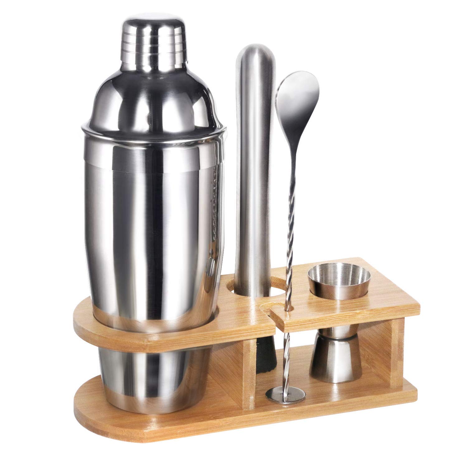 Esmula Bartender Kit with Stylish Bamboo Stand, 5 Piece Cocktail Shaker Set for Mixed Drink, Professional Stainless Steel Bar Tool Set - Cocktail Recipes Booklet(25 oz)