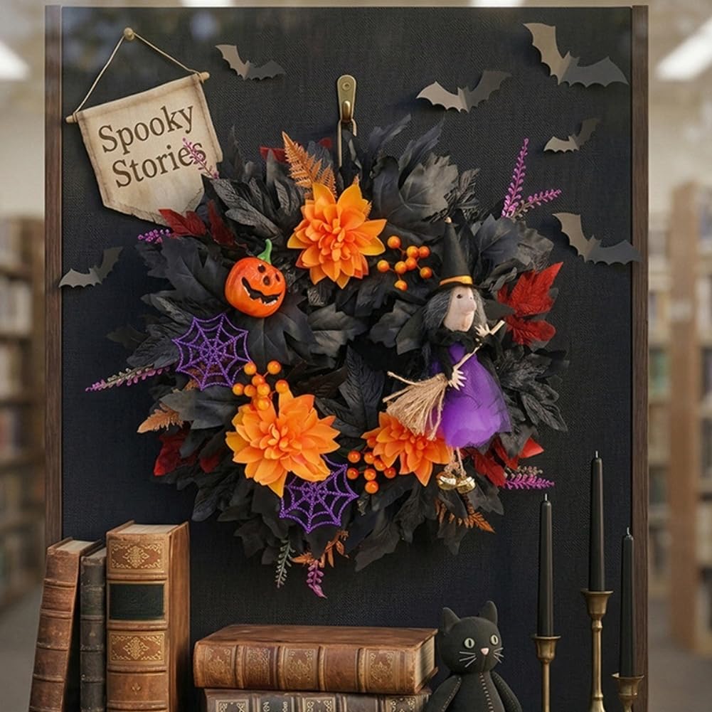 Świąteczny wieniec na drzwi Halloween z dynią czarownicy