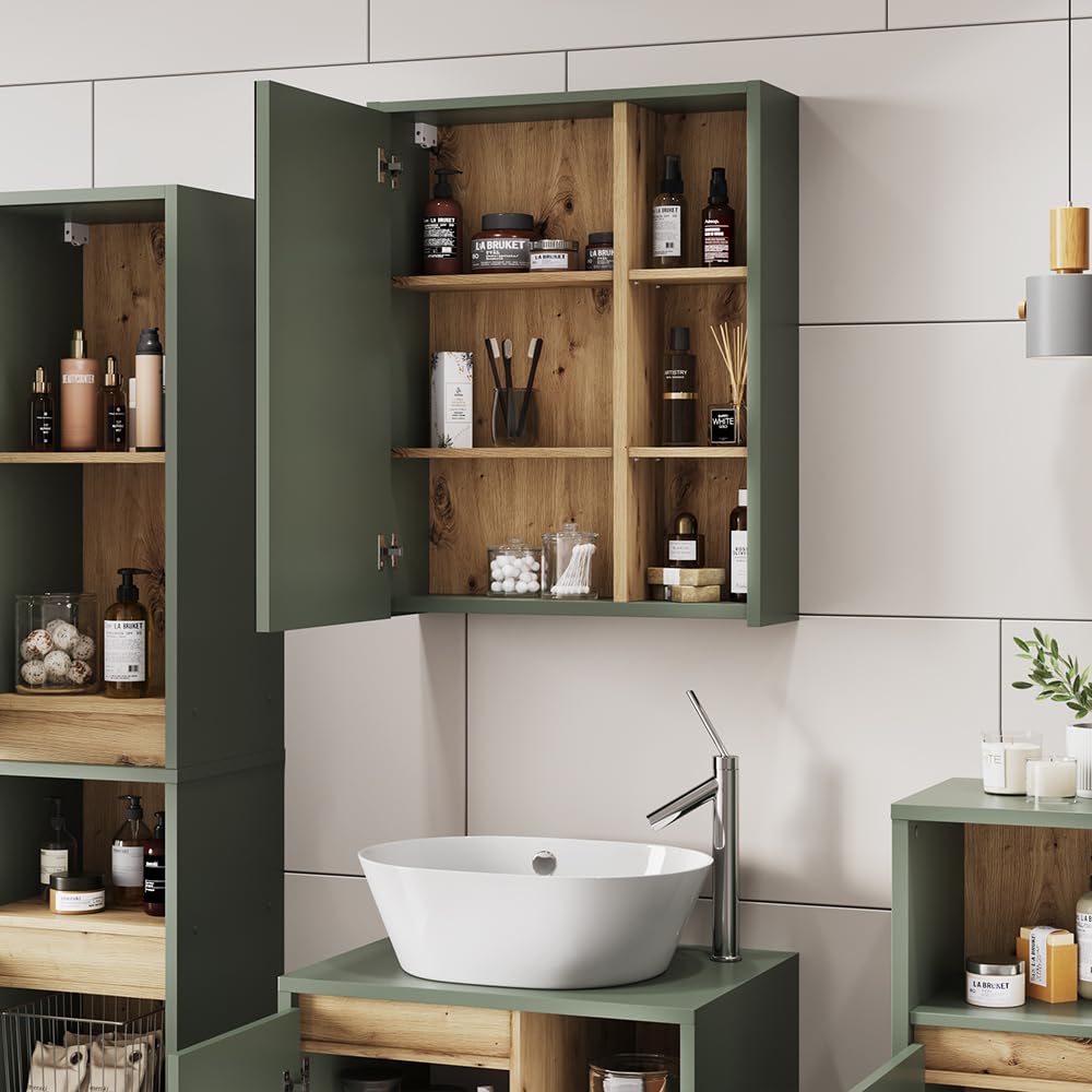 Vicco Armario con Espejo de baño Viola, Verde/Artesano, 60 x 75 cm | con estantes abiertos, apto para montaje en pared para uso en el baño