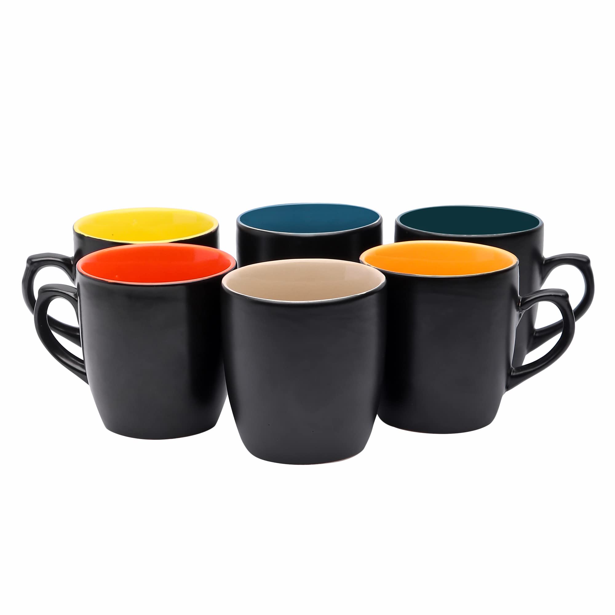 Anwaliya Arche Series Handmade Ceramic Tea Cup Set of 6, 175 ml, Matt Black, Stackable, Chip Resistant, with Handle (Inner Color May Vary)