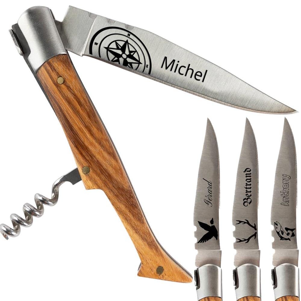 Couteau de poche personnalisé – Tire bouchon, manche en frêne et gravure sur lame – Cadeau personnalisé homme fête des pères, anniversaire ou Noel