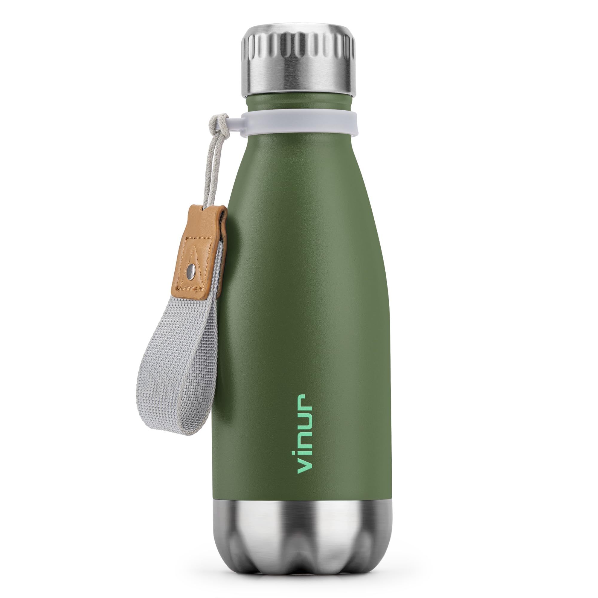 VINUR 9 oz Small Water Bottle | Leak-Proof Stainless Steel Metal Water Bottle with Carry Rope for School Travel, Grass Green