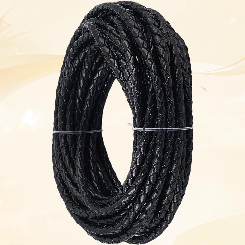 5 Yards Genuine Leather Bolo Tie Cord for Jewelry Making 3MM Round Black Braided Woven Real Leather String Lace Rope Cording Folded for Crafting Necklace Bracelets Braiding Wraps Beading