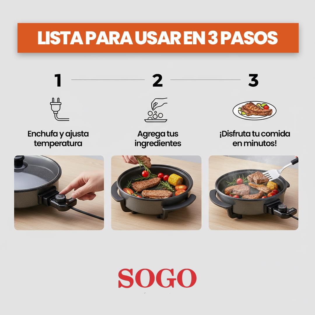 Sogo Sartén Paellera Eléctrica Ø42CM Con Tapa Cristal Reforzado - Multicazuela Antiadherente Para Paellas Y Carnes - Plancha Eléctrica Con Termostato 240ºC - Wok Multifunción Que Ahorra Energía