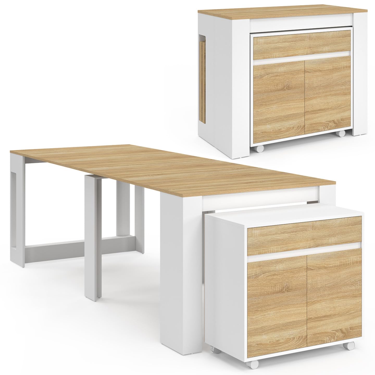 IDMarket - Table Buffet Extensible Orlando 10 Personnes 235 cm Bois Blanc et façon hêtre