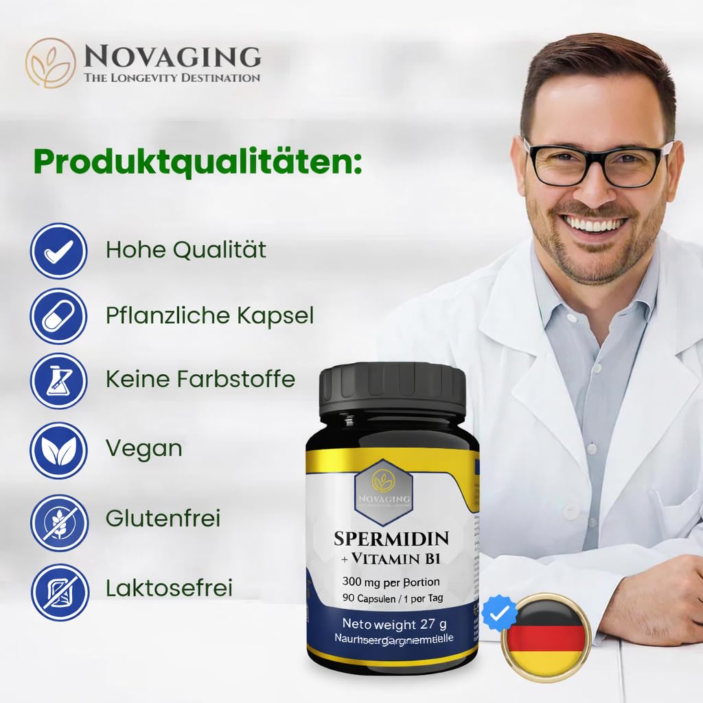 Spermidin 6 mg + Vitamin B1 – 90 Kapseln 100% vegan | 3 Monate – Präzise dosiert. Maximale Bioverfügbarkeit. Getestet auf Gentechnik und Allergene. Made in Europe. Novaging©