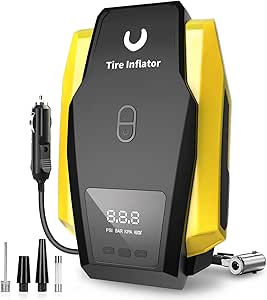 Tire Inflator Portable Air Compressor - Air Pump for Car Tires - 12V DC Tire Pump with Auto Shutoff Function &amp; LED Light for Cars, Bicycles, Motorcycles, Yellow, Large