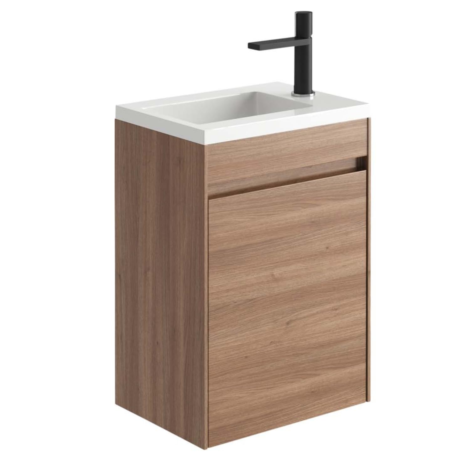 Go Bathrooms Ochil Wall Hung Cloakroom Vanity Unit With Polymarble Basin Sink Soft Close Doors Natural Oak Wood Effect  440mm