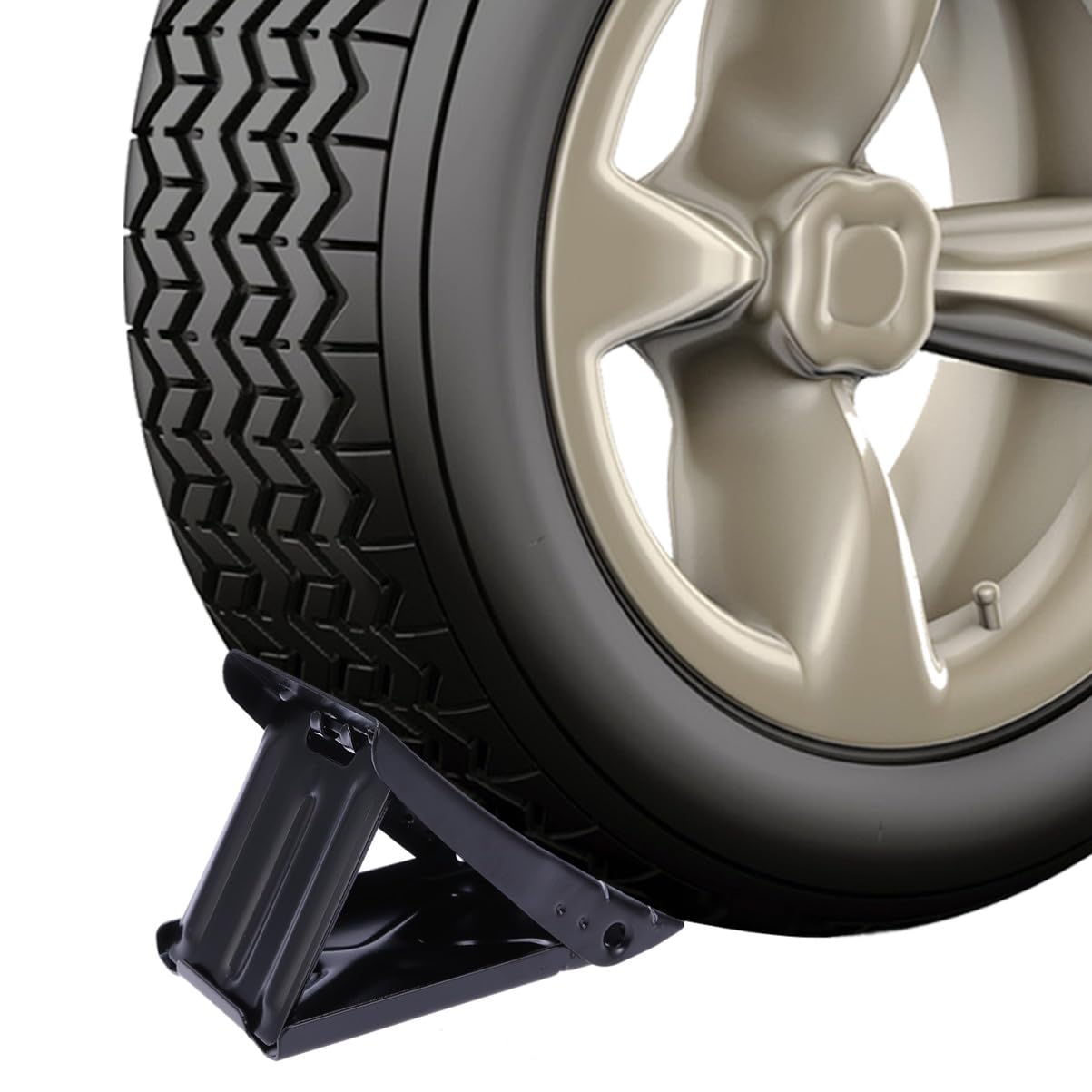 2 Pezzi Cunei Fermaruota Metallo Nero Supporto Triangolare Antiscivolo per Pneumatici Strumento Sicurezza per Auto e Camion Resistente e Durevole