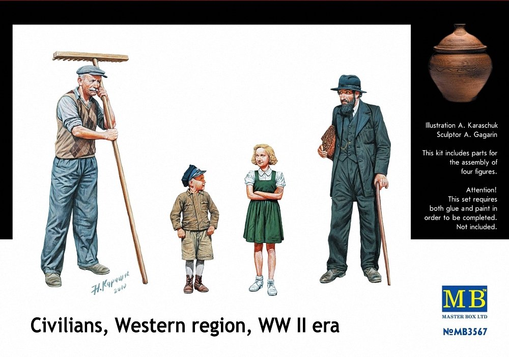 Master Box 1/35 Scale WWII Western Region Civilians - 4 Figure Model Kit With Hand Cart, Plastic Unpainted - View #2