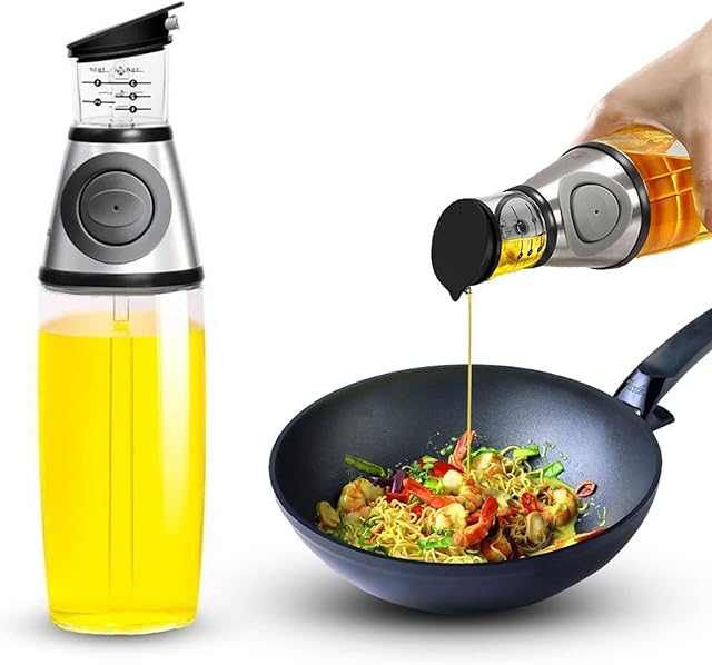 Feliciay Olive Oil Dispenser Bottle, Oil and Vinegar Cruet with Drip-Free Spouts Bottles, Measuring Oil Pourer for Kitchen, with Scale Clear Glass Oil Bottle(Silver,500ml)