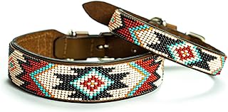 Sambboho - Phoenix Dog Collar - All Natural Handmade Soft Leather Dog Collar w/Durable Hand Stitched Beads and Embroidery for All Dogs (12-14