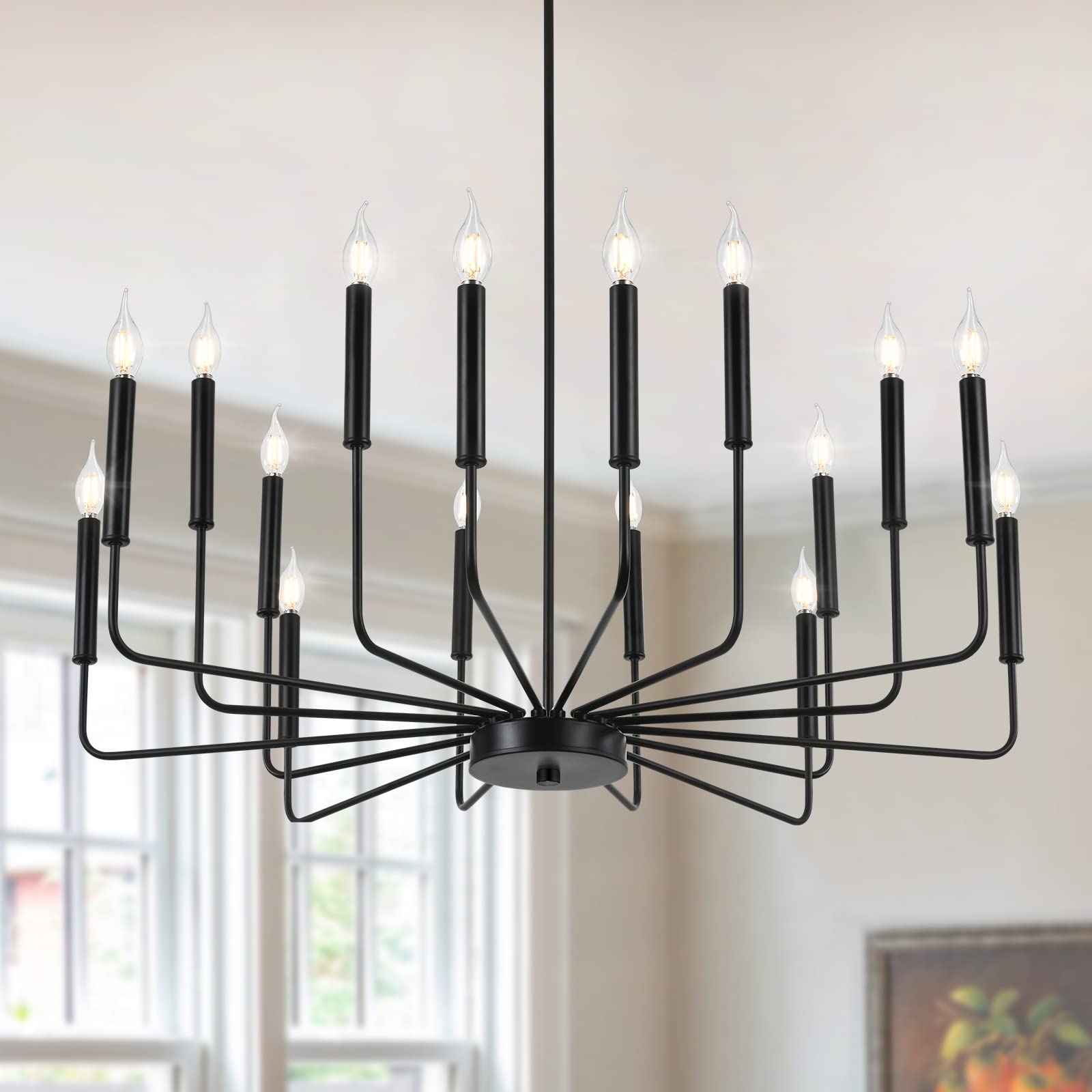 WOKNOS Modern Black Farmhouse Chandeliers, 16-Light Industrial Metal Chandelier Lighting, Classic Candle Hanging Pendant Light Fixtures for Kitchen Island, Living Room, Dining Room, Stair UL Listed
