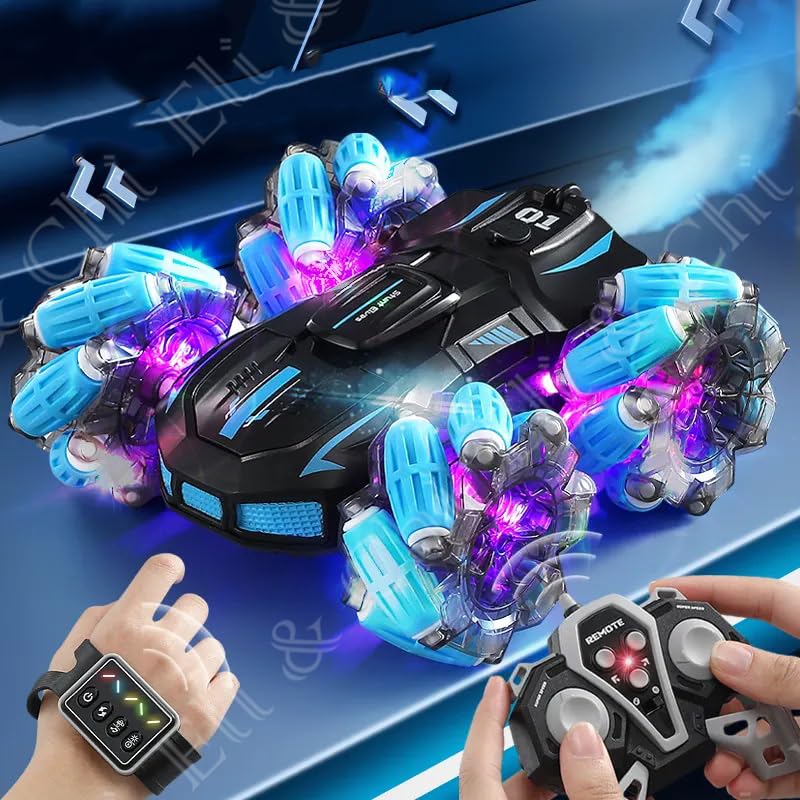 Image of Eli & Chi 4WD Double-Sided RC Stunt Car for Kids: 360 Drift, Remote Control Racing, Rechargeable, Watch Gesture Control, Smoke & Mist Effect (Red)