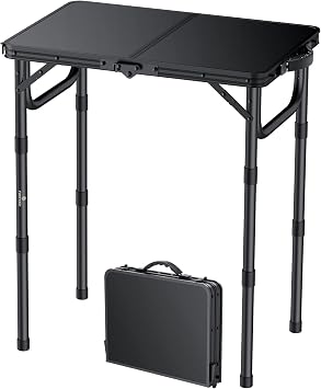 FUNYKICH 2ft Small Folding Camping Tables58x40cm, 3 Height Adjustable Portable Picnic Table, Lightweight Aluminum Outdoor Table with Carry Handle for Camping, Picnic, BBQ, Black