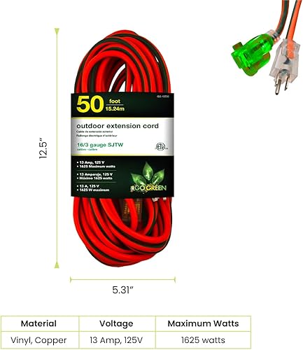 Vista 6 de WORX WG520 Turbine 600 Soplador eléctrico de hojas de 12 amperios y GoGreen Power GG-13750 16/3 50 pies SJTW cable de extensión para exteriores