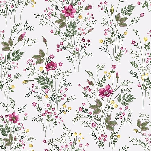 VaryPaper Pink Floral Wallpaper Peel and Stick Tropical Leaf Contact Paper 44.5cmx200cm White Sticky Back Plastic Flower Prints Lining Paper for Wall Art Deco Wallpaper for Living Room Bedroom