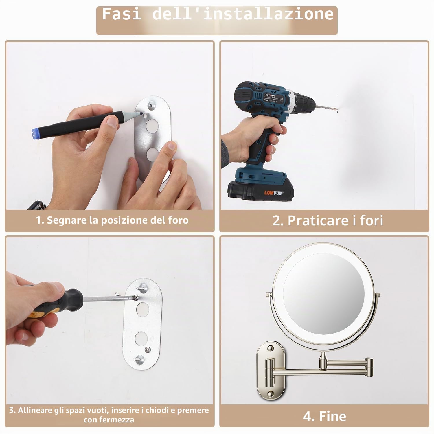 JutyumSpecchio cosmetico con ingrandimento 1X/10X, illuminazione a LED e montaggio a parete
