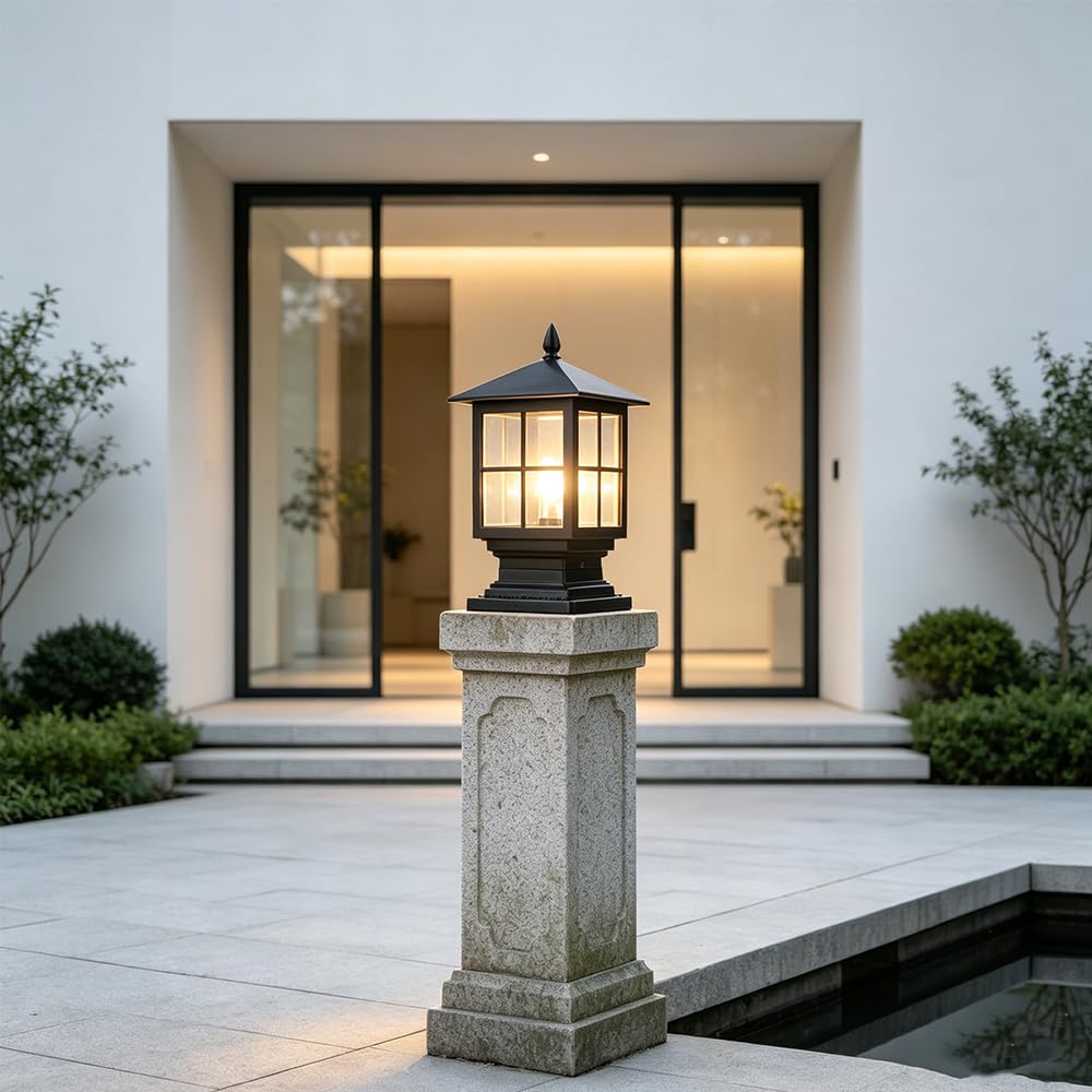 Exterior Luz de Poste de Jardín Pilar de Luz Impermeable IP65 Pedestal Impermeable Pantalla Vidrio Lámpara de Columna Lámpara de Pilar E27 Farolas Faros de Columna para Jardín, Patio (Negro)