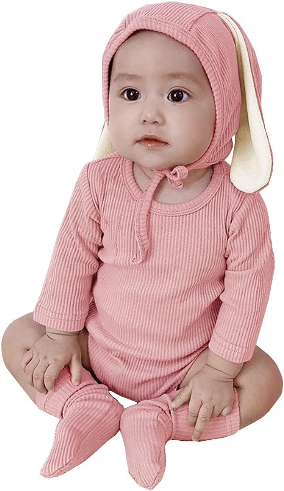 AGQT Baby Girls Easter Bunny Outfit Set Halloween Costume Rabbit Ear 3PCS Long Sleeve Animal Romper With Socks And Bunny Hat Pink Size 6-12 Months