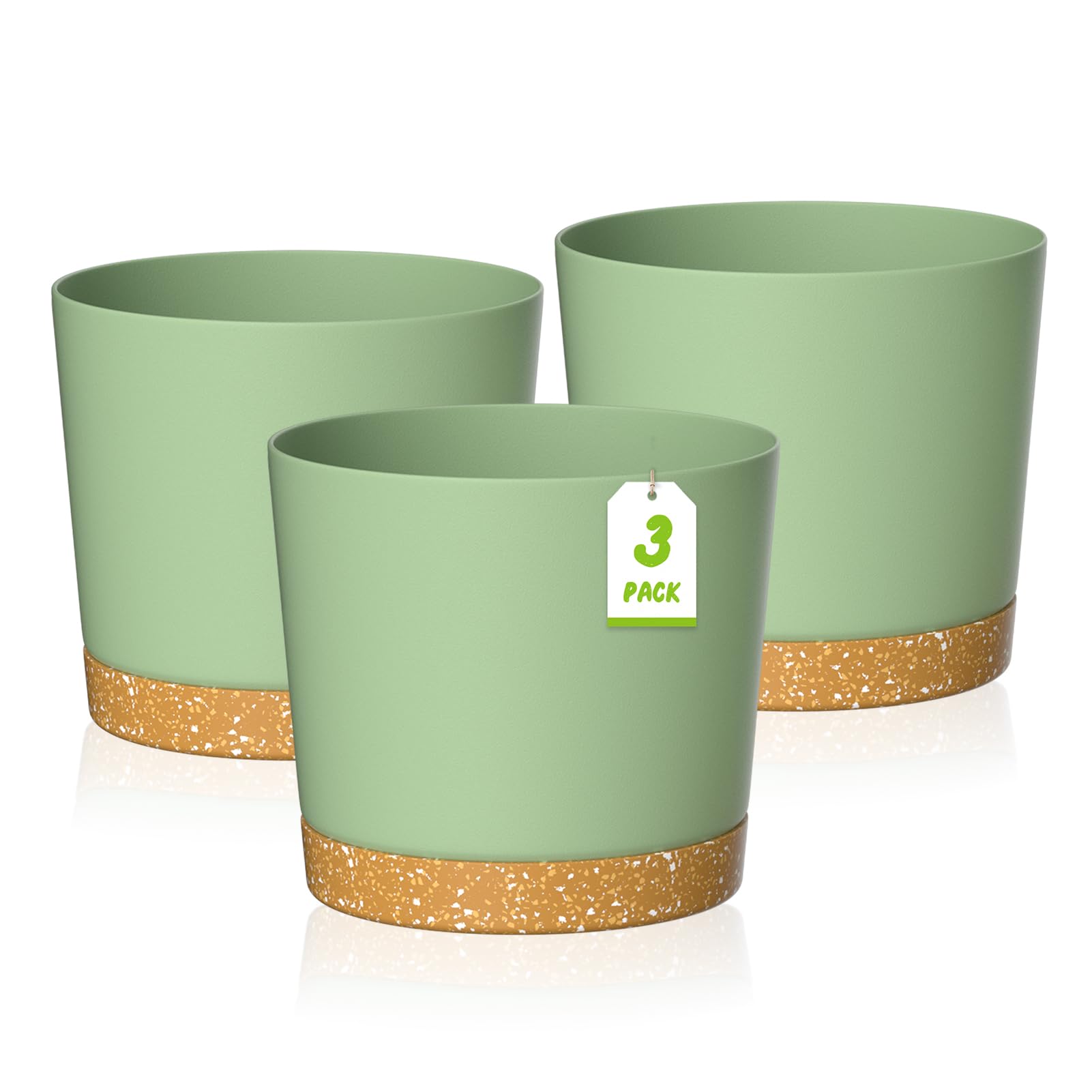 ZMTECH 25cm Plant Pots, Modern Planters with Drainage Holes and Detachable Saucer, Plastic Flower Pots for Plants for House Garden Windowsill (Set of 3, Green)