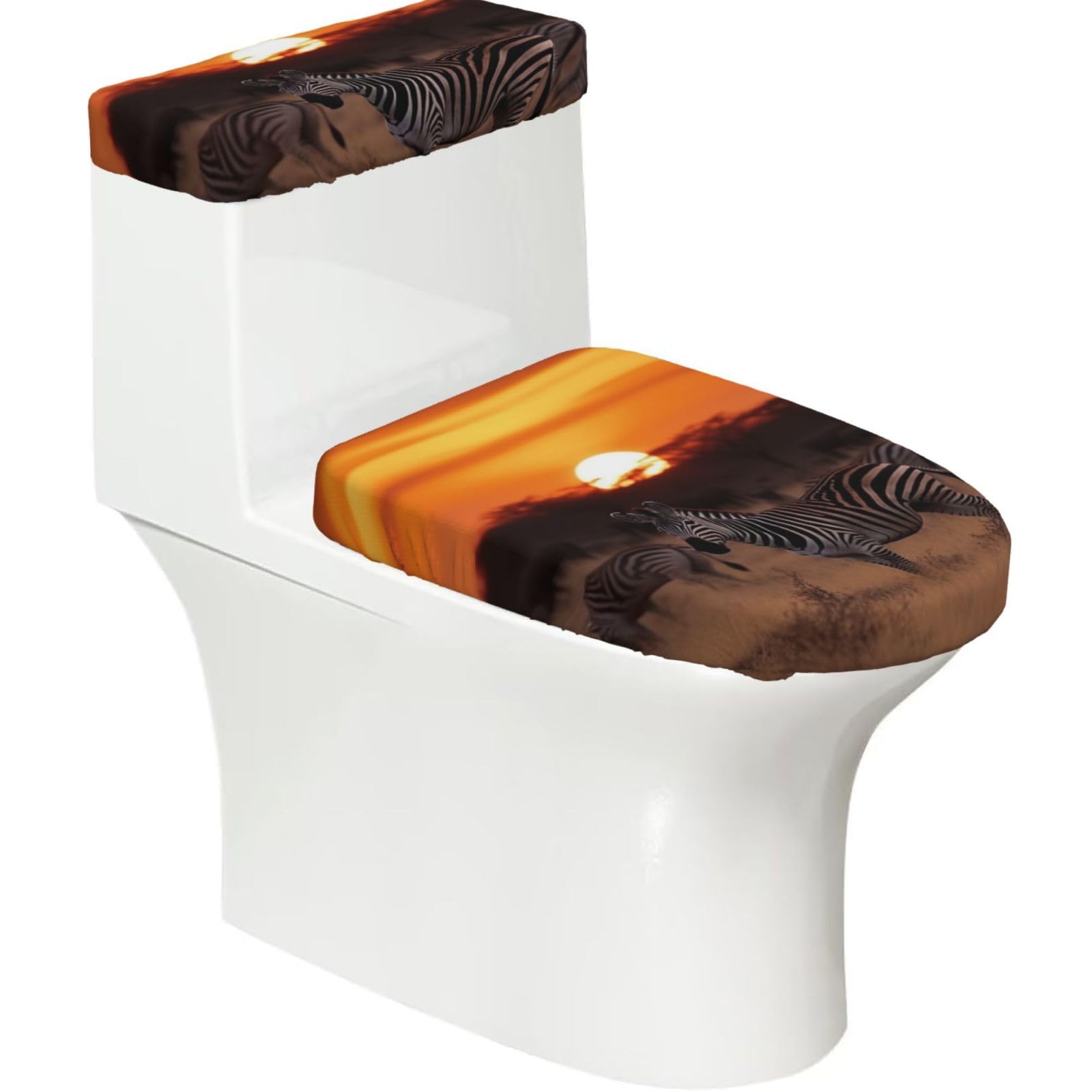 FekiLoot Africa Sunset Zebra Toilet Lid Cover and Toilet Tank Cover Set of 2,Dust Splash Resistant Toilet Top Covers Soft Washable Toilet Lid Seat Cover for Bathroom Office Home Decor