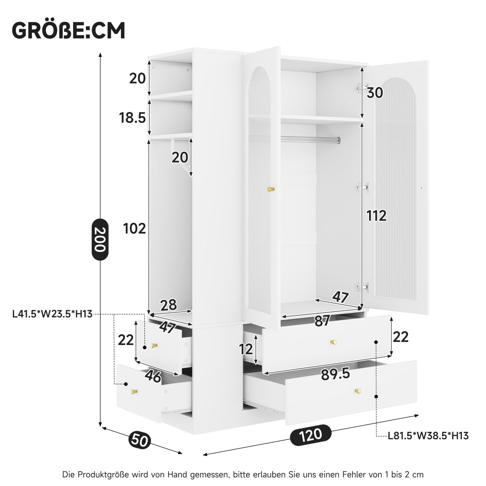 Armadio bianco con ante in vetro scanalato, 4 cassetti, 120 x 50 x