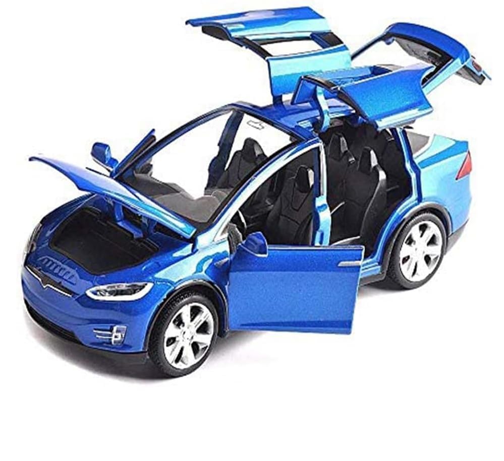 Image of 1:32 Scale Car Tesla Model X90 Alloy 1 /32 Diecast Model Car w /Sound & Light Pull Back Model Mini Vehicles Toys for Kids (Blue)
