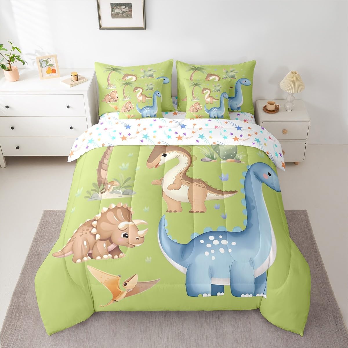 Feelyou Cute Dinosaur Comforter Set Twin Size 7 Pieces Cartoon Dinosaur Bedding Set Kids Boys Girls Wild Animal Bed in a Bag with Comforter, Sheets, Pillowcases, Cushion Covers Jungle Dino Plant