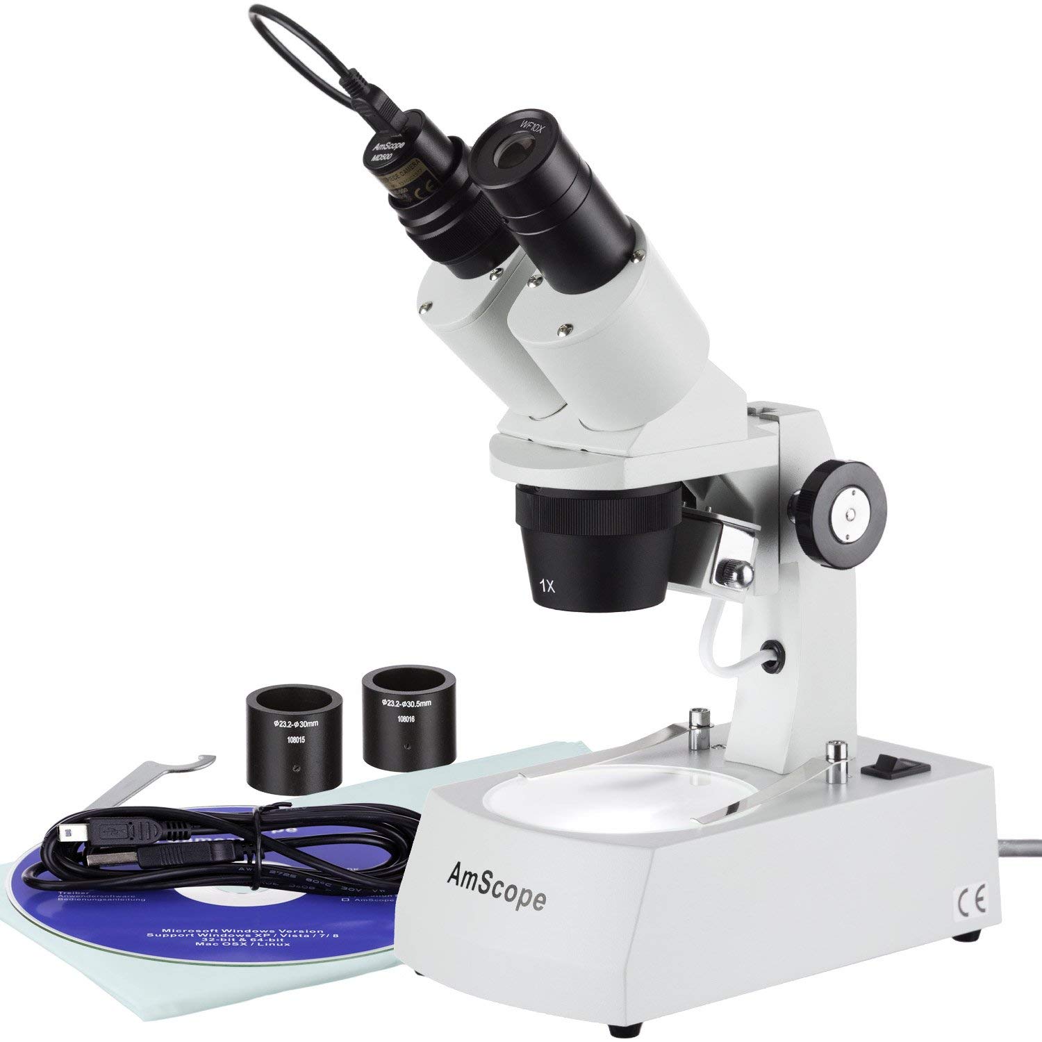 AmScopeSE305R-AZ-E Digital Forward-Mounted Binocular Stereo Microscope, WF10x and WF20x Eyepieces, 10X/20X/30X/60X Magnification, 1X and 3X Objectives, Upper and Lower Halogen Light Source, Arm Stand, 120V, Includes 0.3MP Camera and Software