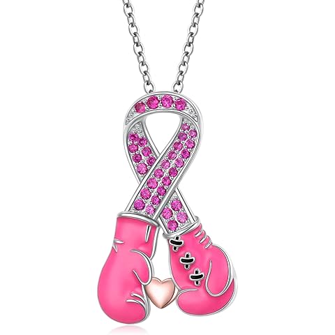 Breast Cancer Awareness Necklace 925 Sterling Silver Pink Ribbon Boxing Gloves Breast Cancer Pendant Necklace Hope Breast Survivor Jewelry for Women Sister Mom Grandmother