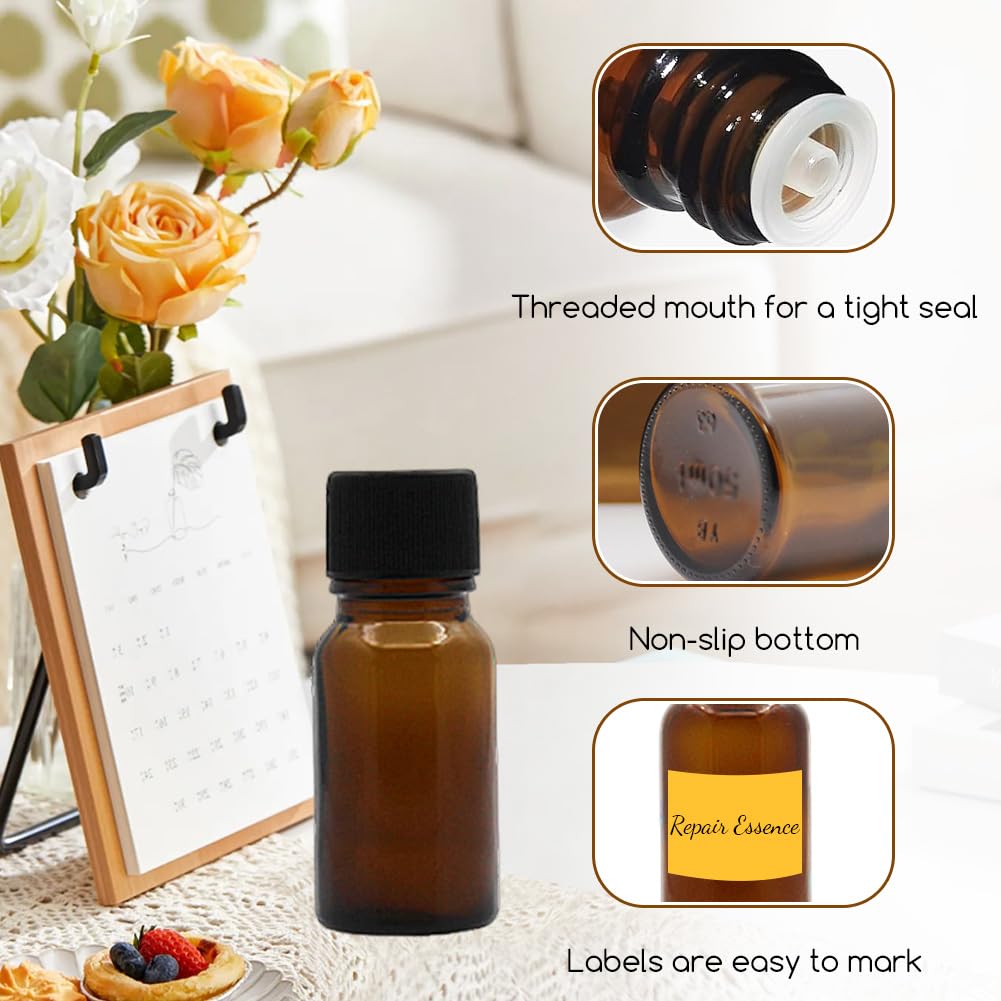 Set van 6 amberkleurige glazen flessen, hervulbaar, leeg voor etherische oliën, parfum, aromatherapie, met mondverkleiner en zwart deksel (20 ml