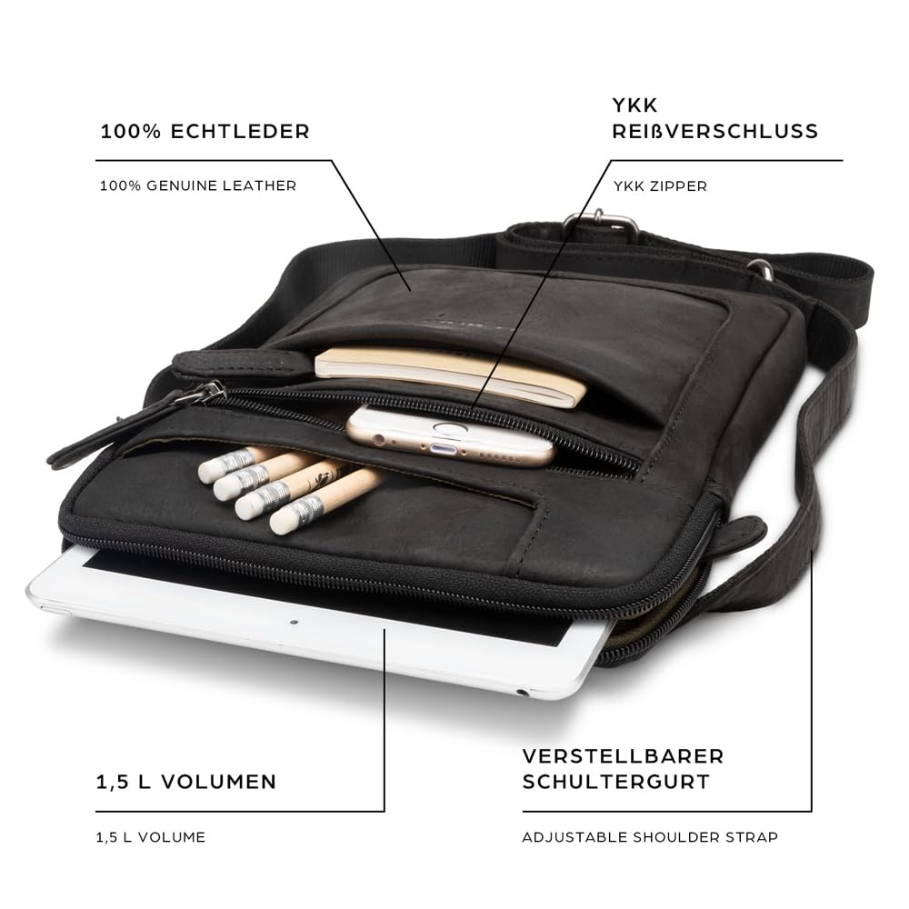 LEABAGS Detroit Umhängetasche Herren – Kleine Leder Umhängetasche 21x26 cm – Mini Crossbody Tasche mit Reißverschluss – Kompakte Alltagstasche