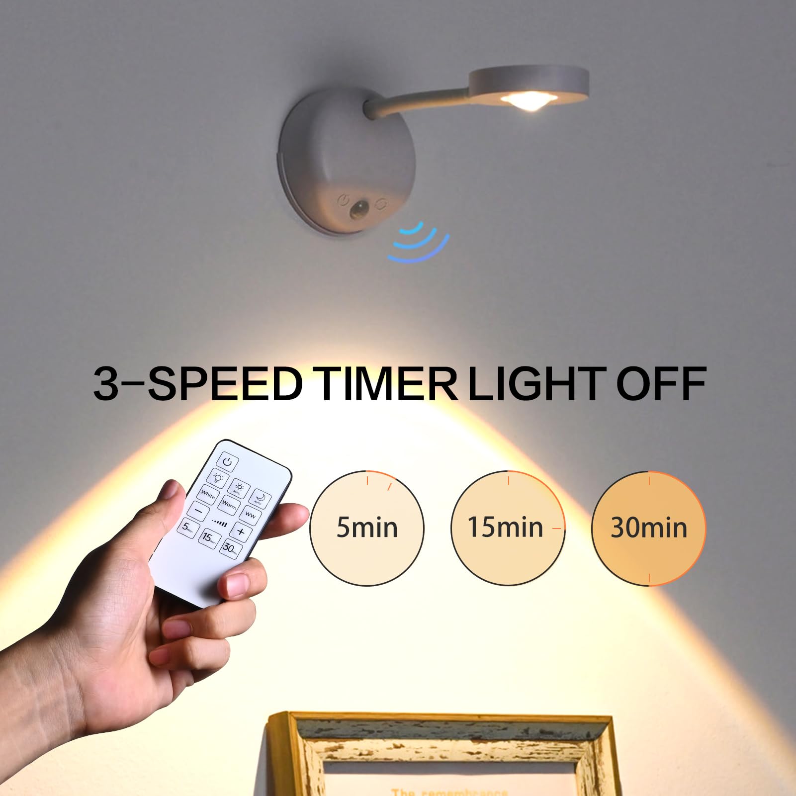 XPESUVC Motion Sensor Wall Light Rechargeable LED Spotlight Flexible Rotate Bedside Reading Lamps with 3 Color Temperature for Picture, Mirror, Hallway (White, 1 Pack(with Remote Control))