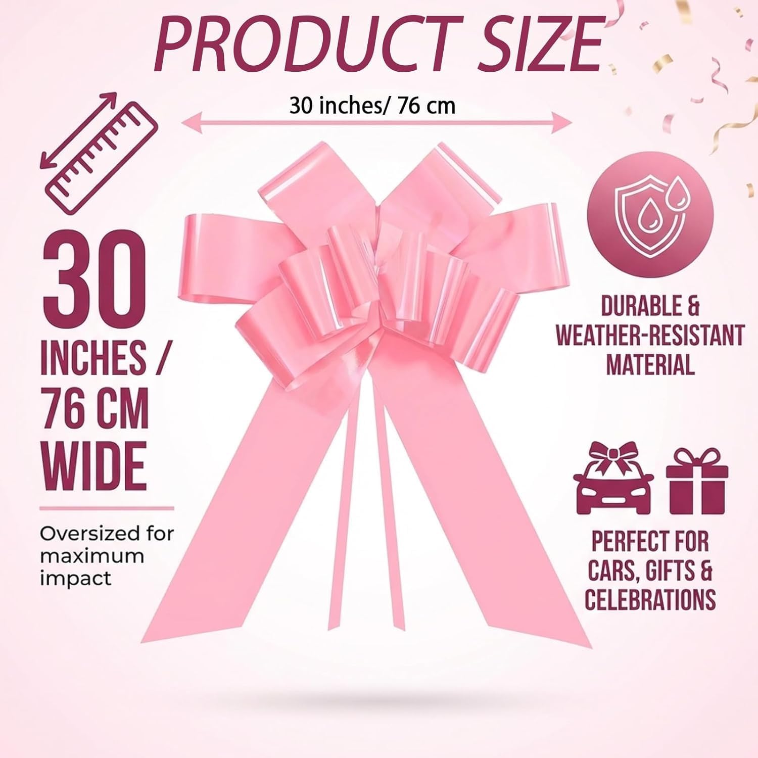 30 Inch Solid Color Car Bow, Large PP Ribbon Vehicle Decoration for Wedding Baby Shower Graduation, Giant Gift Bow for Cars, Pink (Pink)