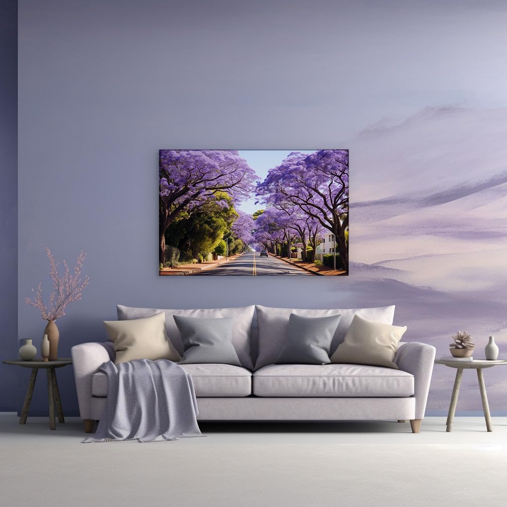 Canvas for Living room. Whispers of Purple Serenity: An Idyllic Jacaranda-Lined Street Unveiled, 27 x 18 inch Canvas Wall Art - Retro Home Decor - 69x46 cm (27x18 inch)